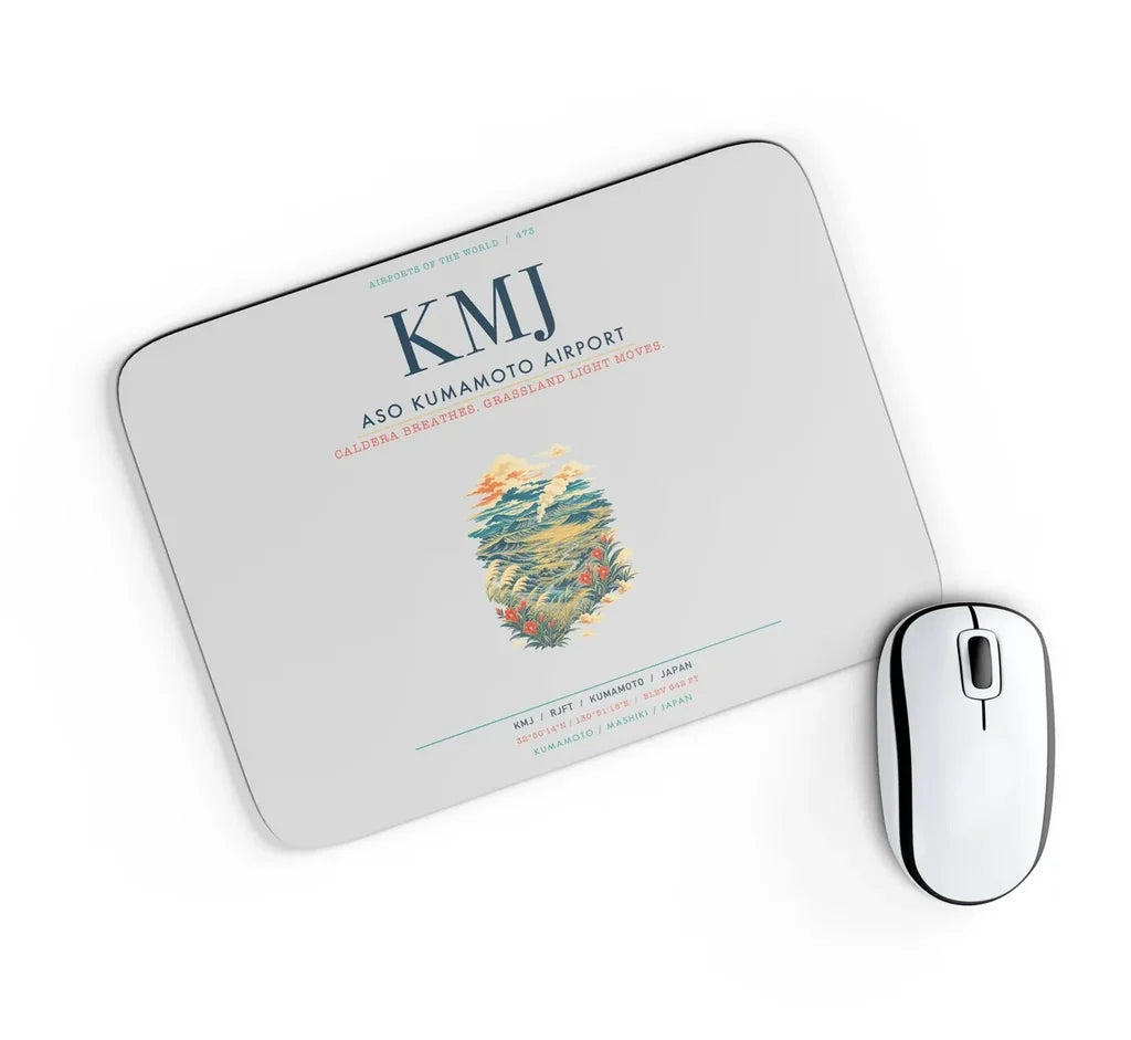 Aso Kumamoto Airport (KMJ) design on light gray rectangle mouse pad