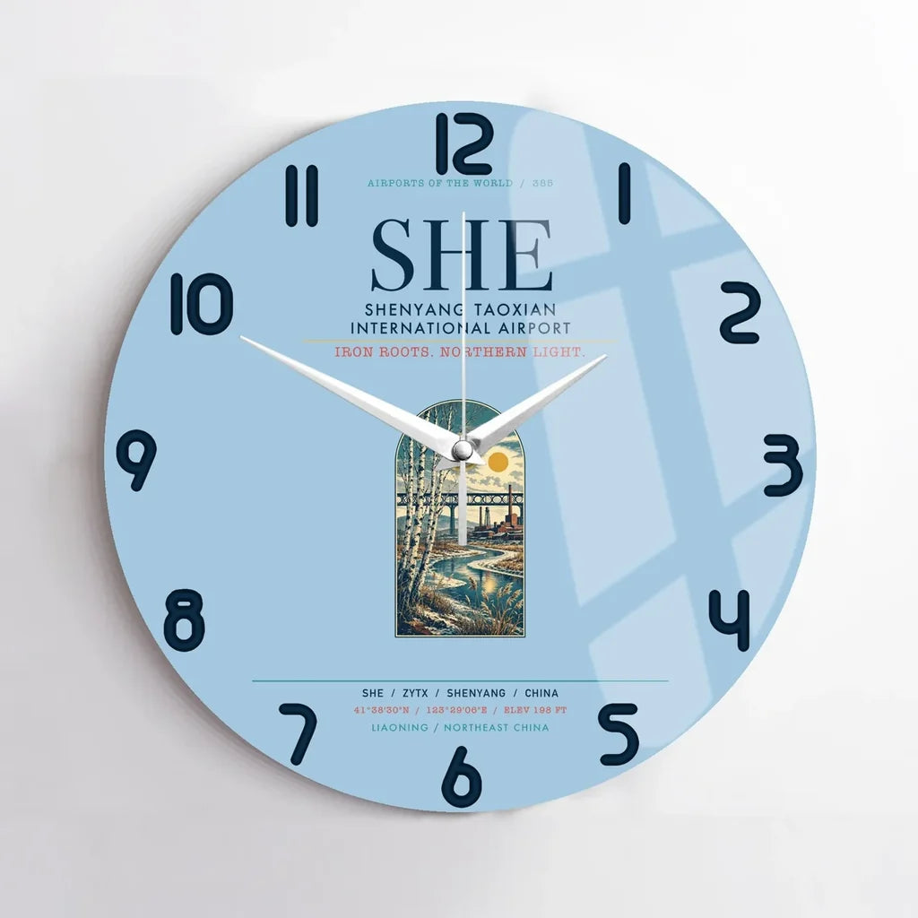 Shenyang Taoxian International Airport (SHE) design on light blue no frame wall clock