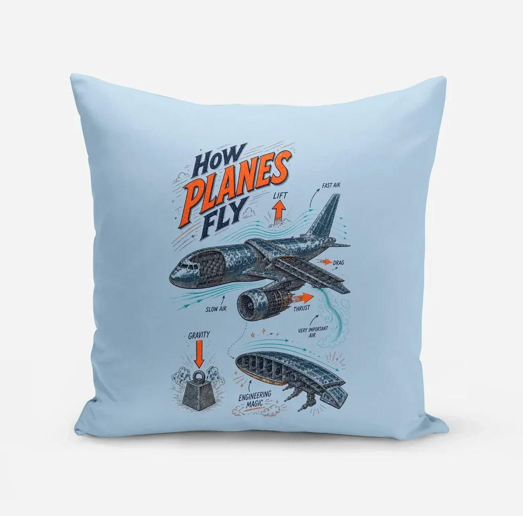 How Planes Fly V2 design on light blue pillow