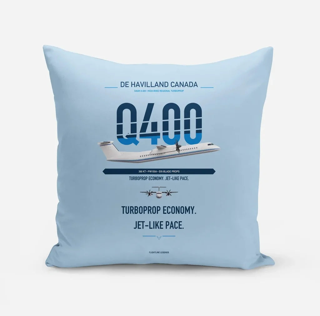 De Havilland Dash 8-400 design on light blue pillow