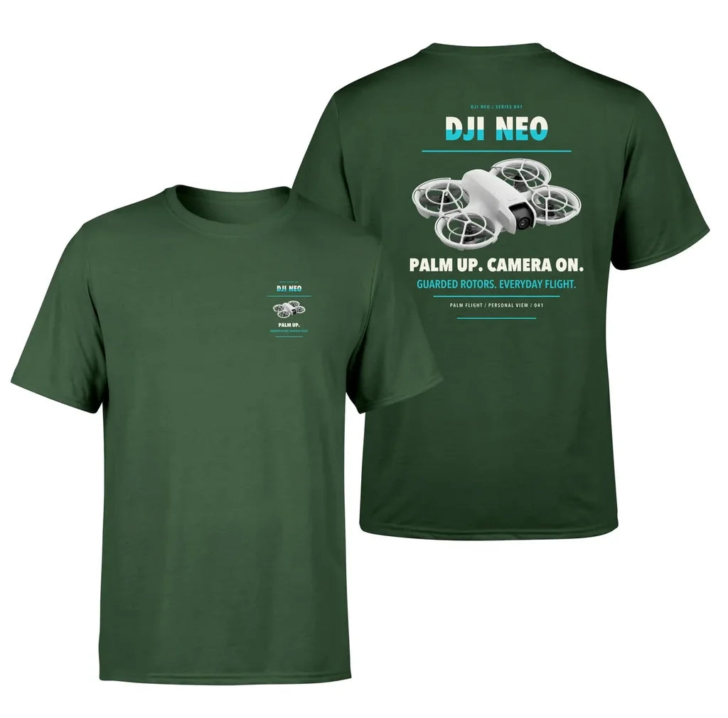 DJI Neo design on dark green t shirt