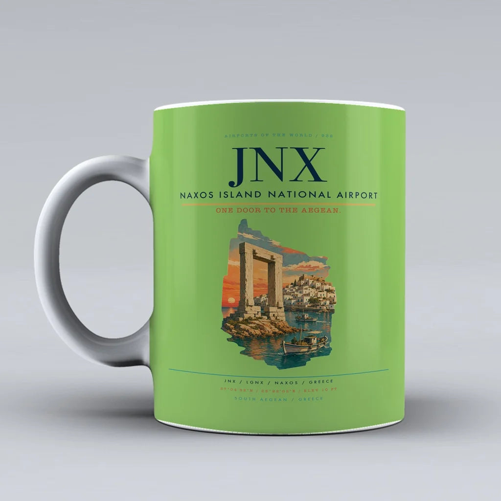 Naxos Island National Airport (JNX) airport code design on light green ceramic mug