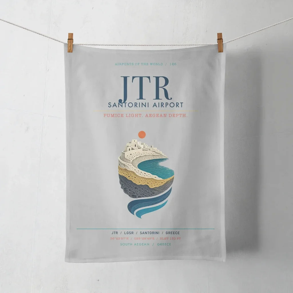 Santorini Airport (JTR) design on light gray towel