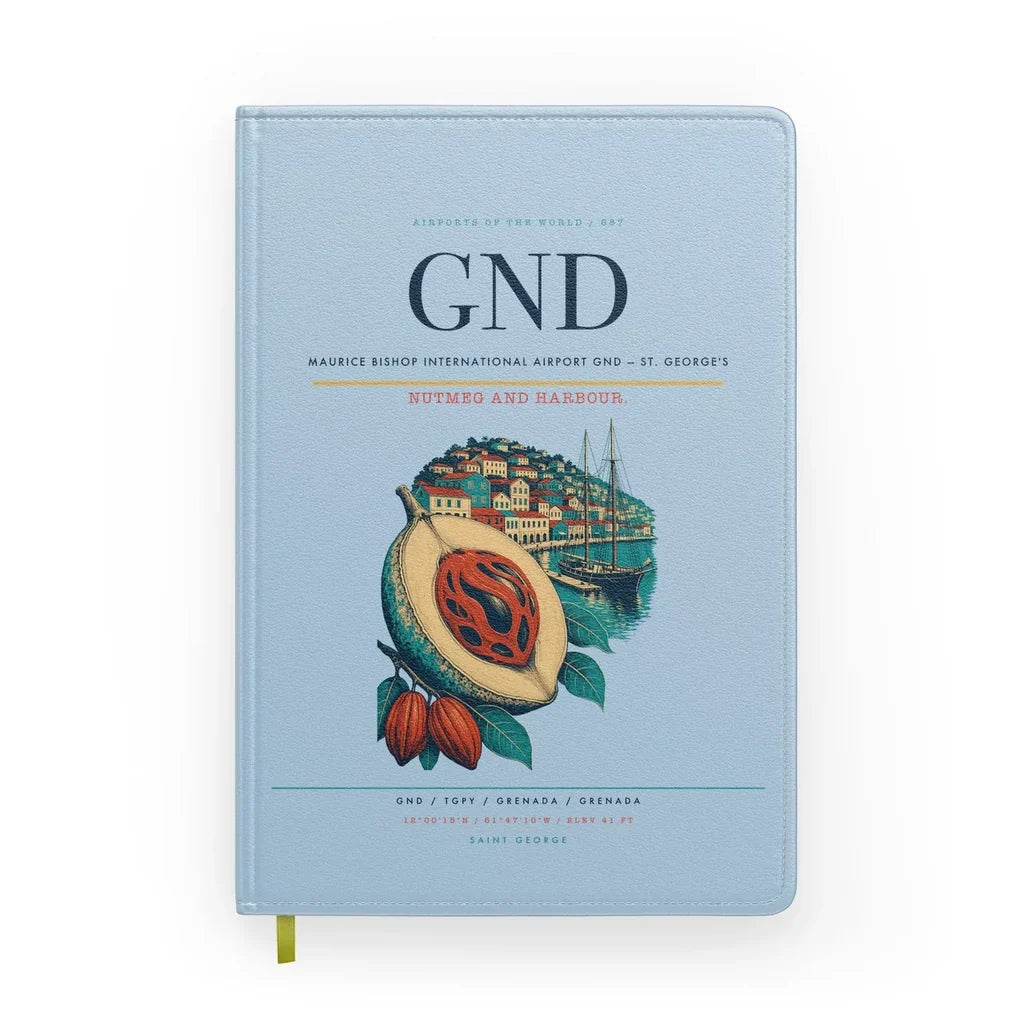 Maurice Bishop International Airport (GND) design on light blue notebook