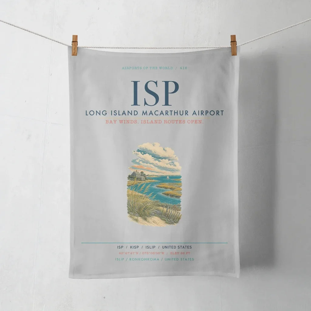Long Island MacArthur Airport (ISP) design on light gray towel