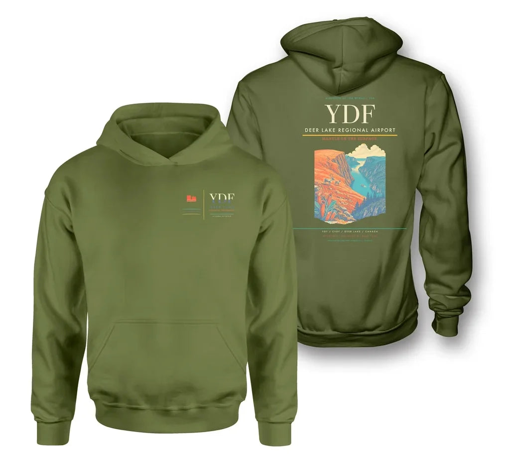 Deer Lake Regional Airport (YDF) design on green army double-side hoodie