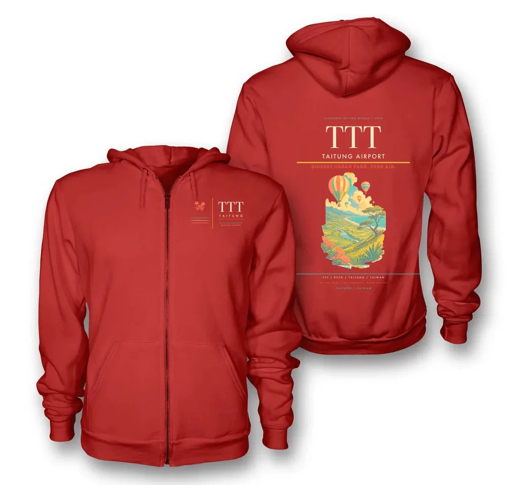 Taitung Airport (TTT) design on red premium zipped hoodie