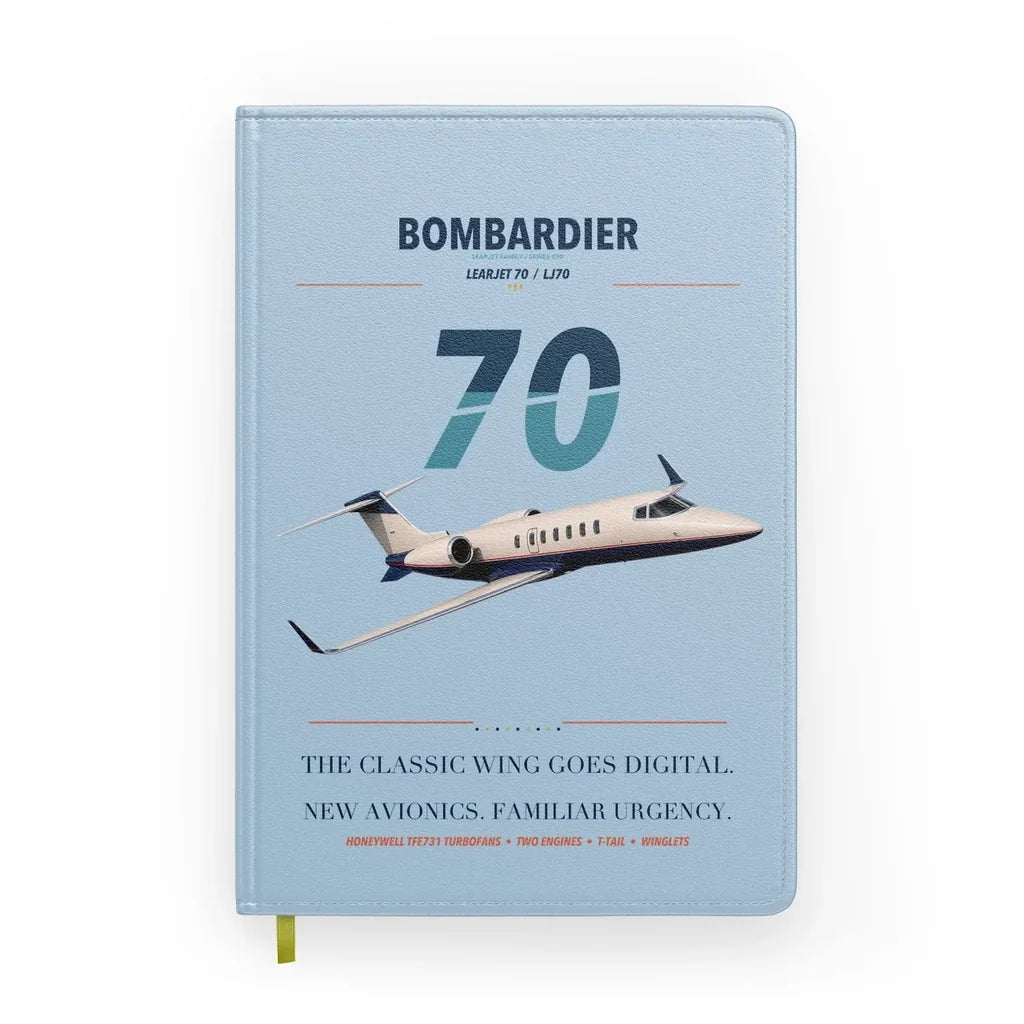Bombardier Learjet 70 design on light blue notebook