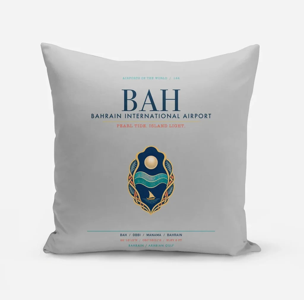 Bahrain International Airport (BAH) design on light gray pillow