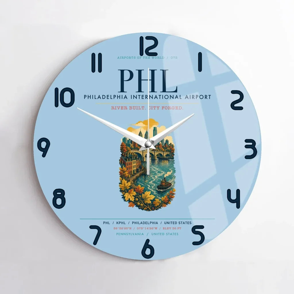 Philadelphia International Airport (PHL) design on light blue no frame wall clock