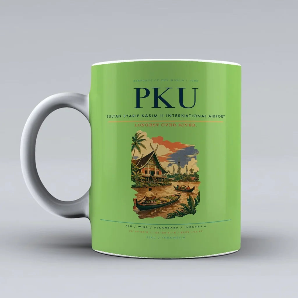 Sultan Syarif Kasim II International Airport (PKU) airport code design on light green ceramic mug