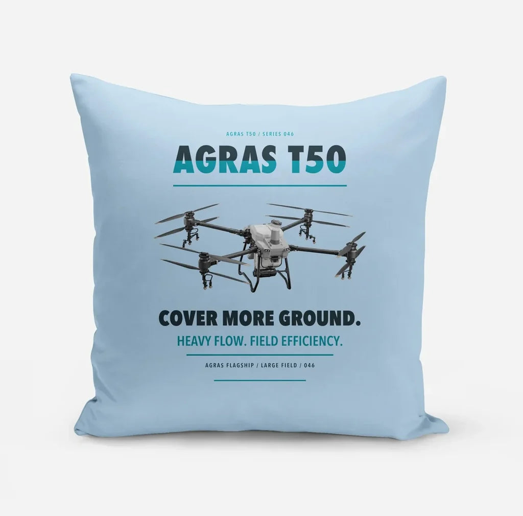 DJI Agras T50 design on light blue pillow