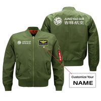 Thumbnail for Juneyao Airlines aviation design with custom name embroidered on green bomber jacket