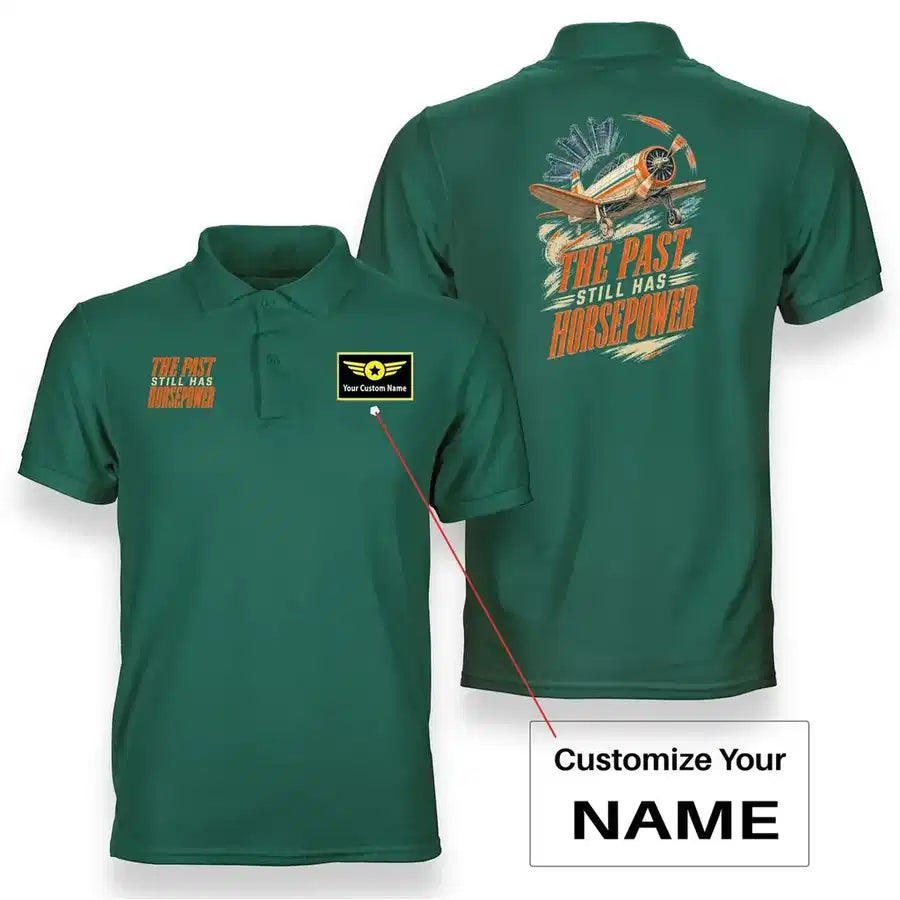 SIGNAL 656 - The Past Still Has Horsepower - Double-Side Polo design on green double side polo with custom name badge