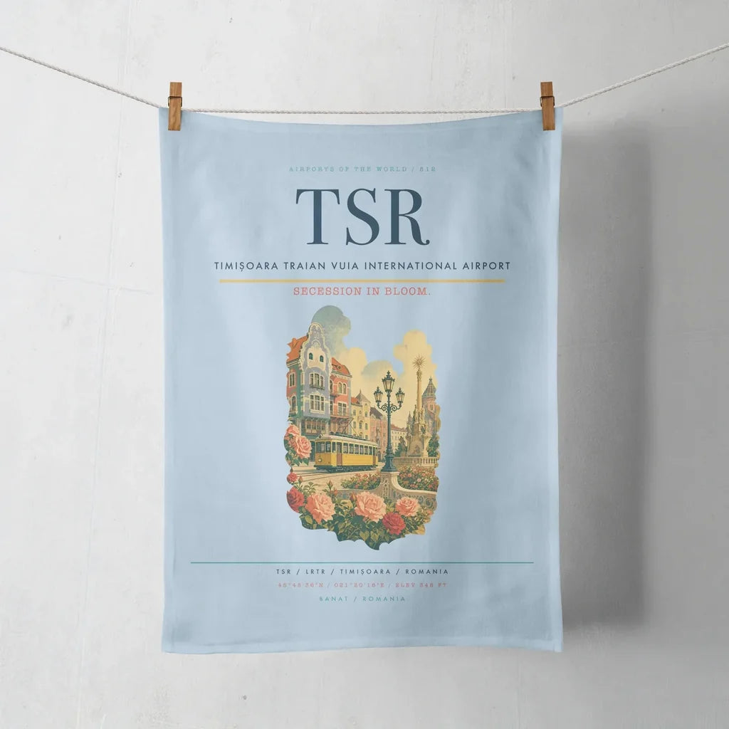 Timișoara Traian Vuia International Airport (TSR) design on light blue towel