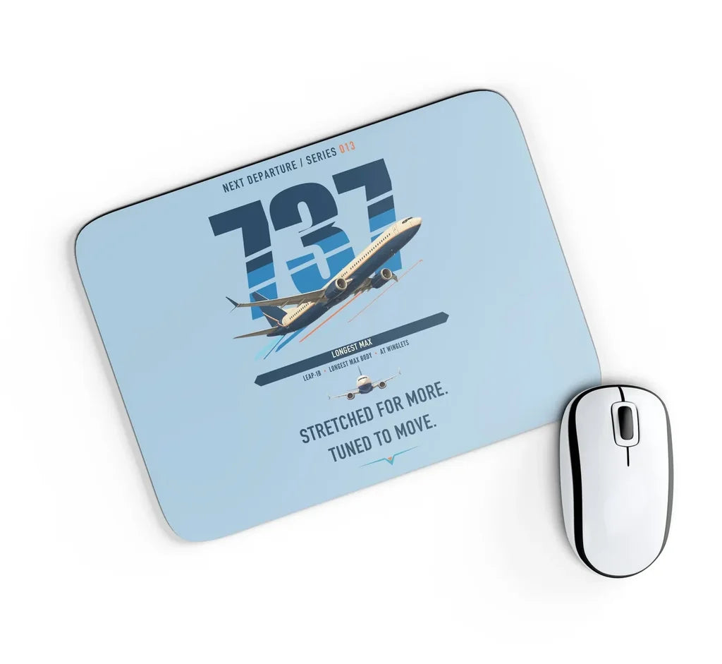 Boeing 737 MAX 10 design on light blue rectangle mouse pad