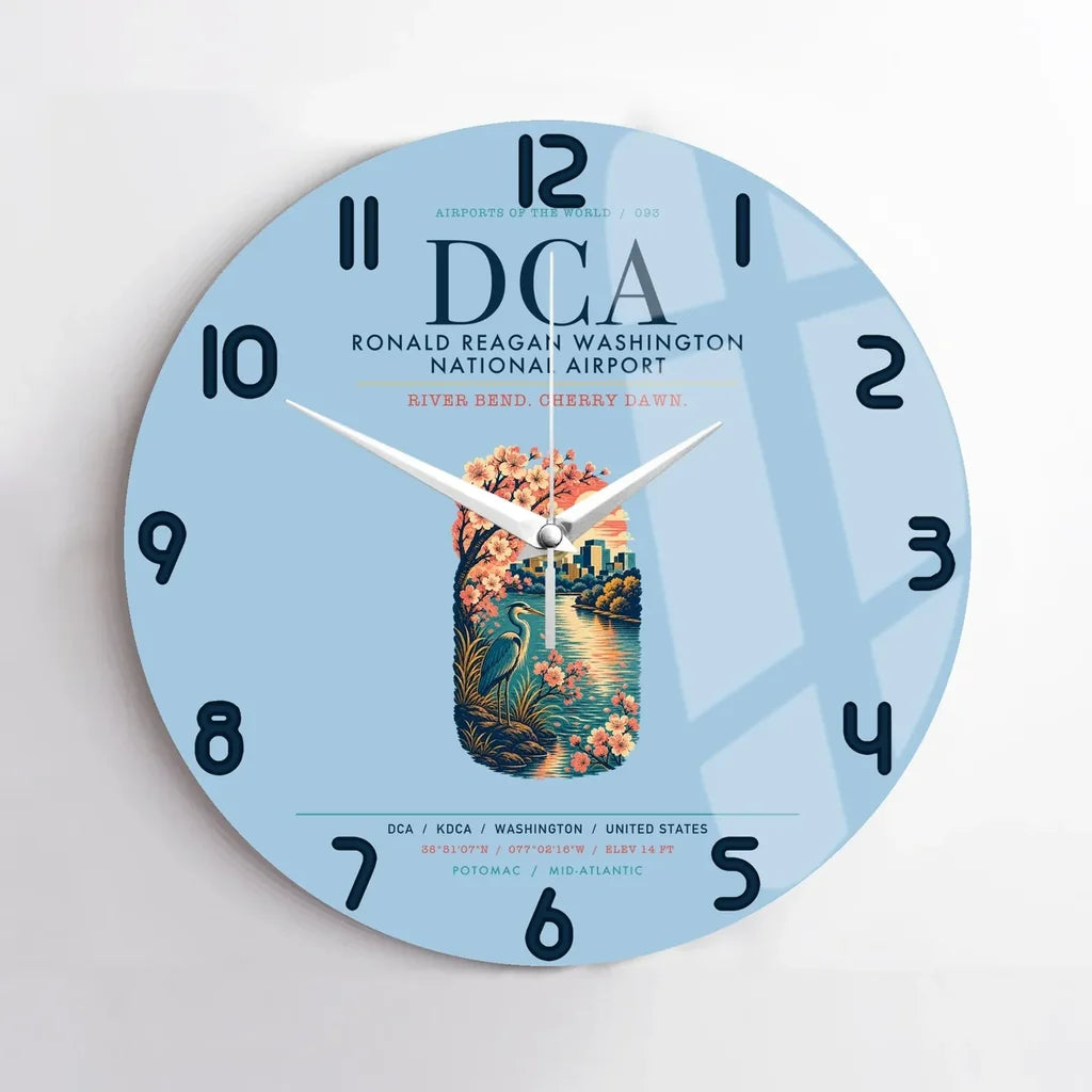 Ronald Reagan Washington National Airport (DCA) design on light blue no frame wall clock