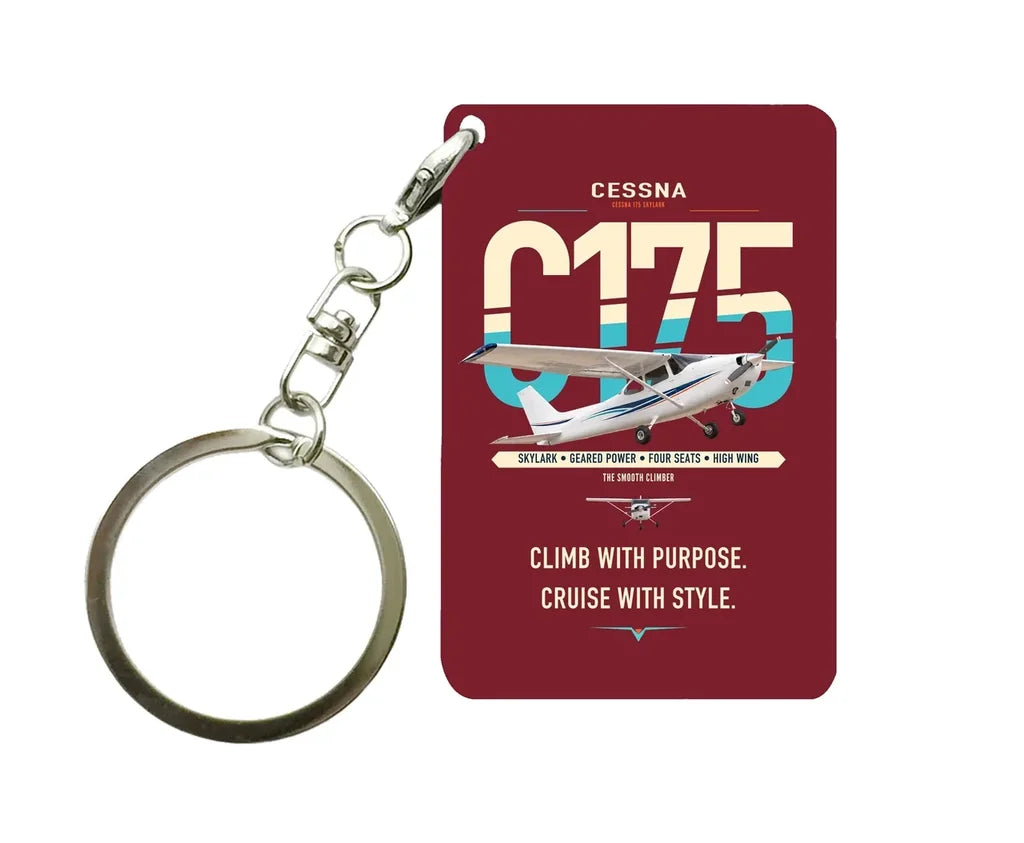 Cessna 175 Skylark design on dark red designed key chain, double-side print