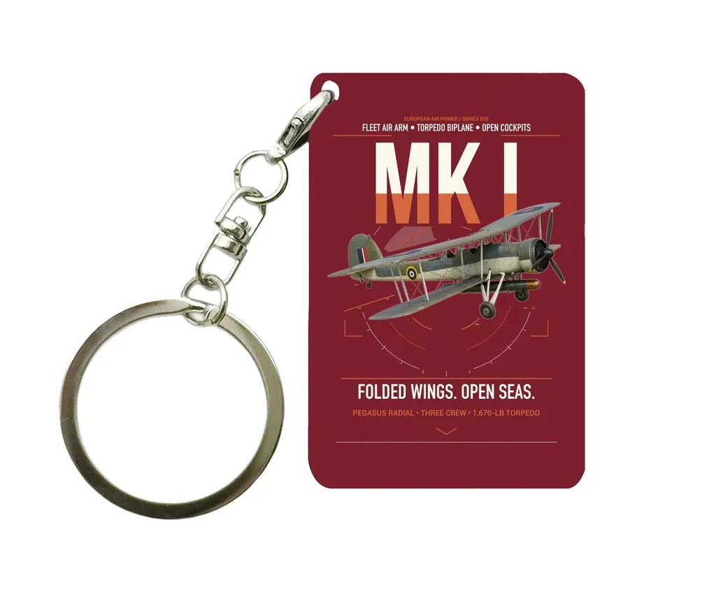 Fairey Swordfish Mk I design on dark red designed key chain, double-side print