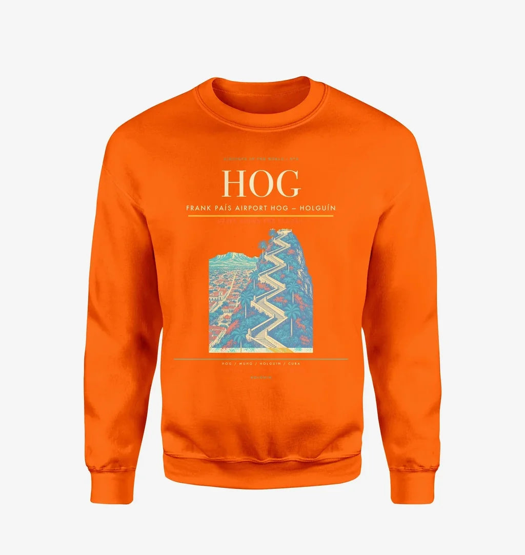 Frank País Airport (HOG) design on orange sweatshirt