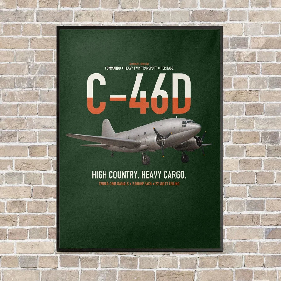 C-46D Commando vertical canvas print - framed - dark green background