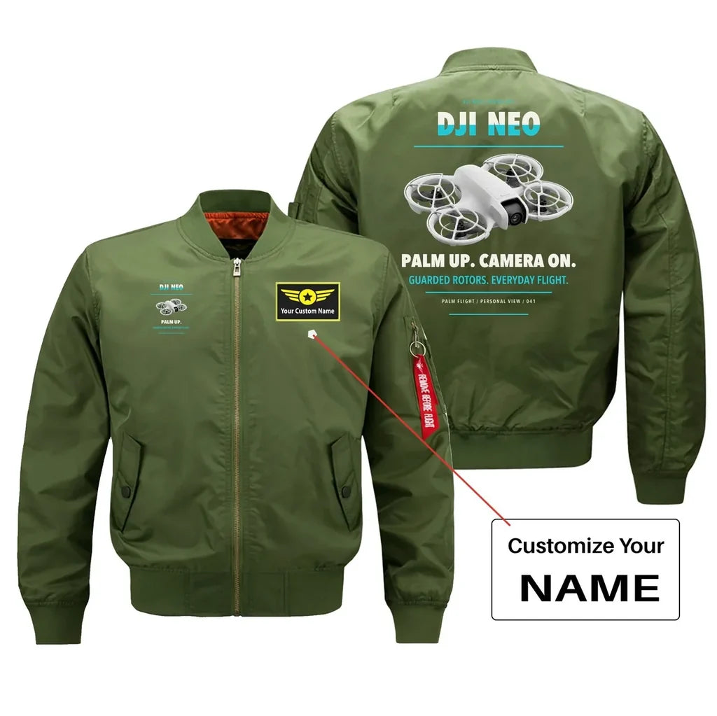 DJI Neo design on green bomber with custom name badge