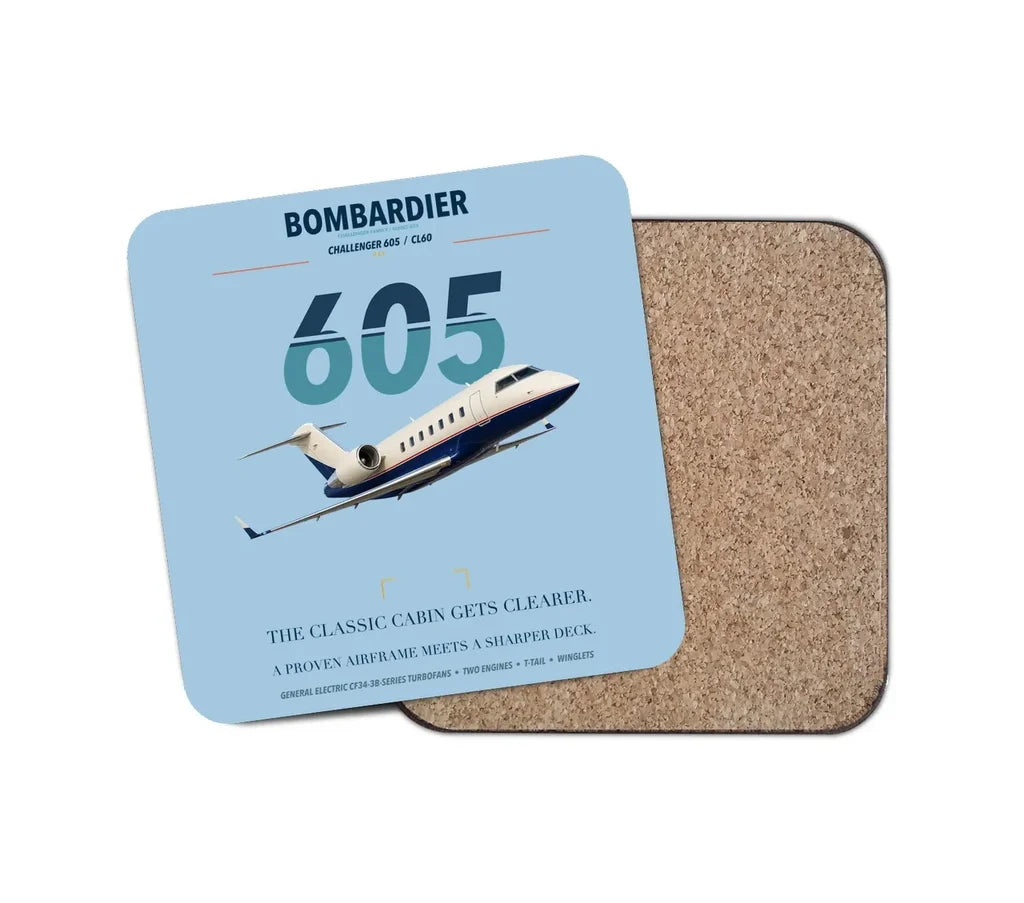 Bombardier Challenger 605 design on light blue 1 piece coaster