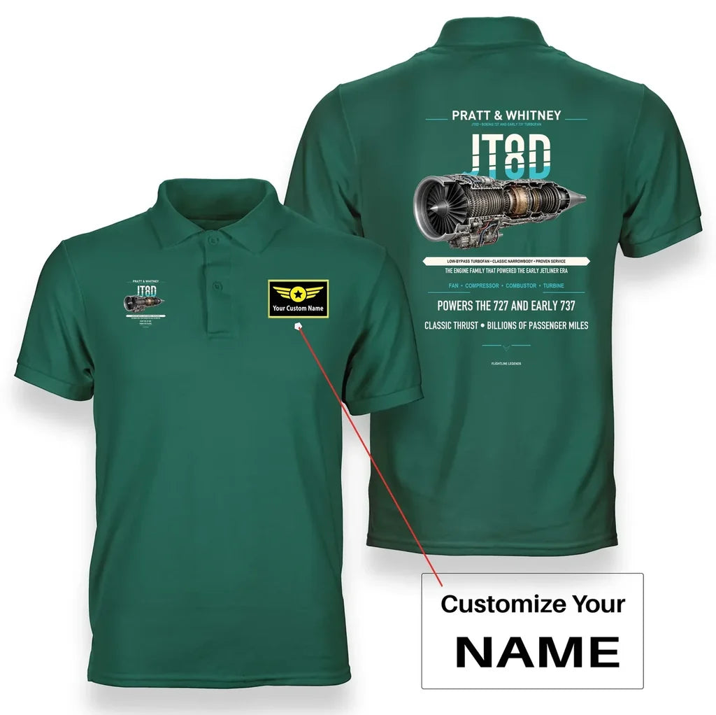 JT8D design on green polo with custom name badge