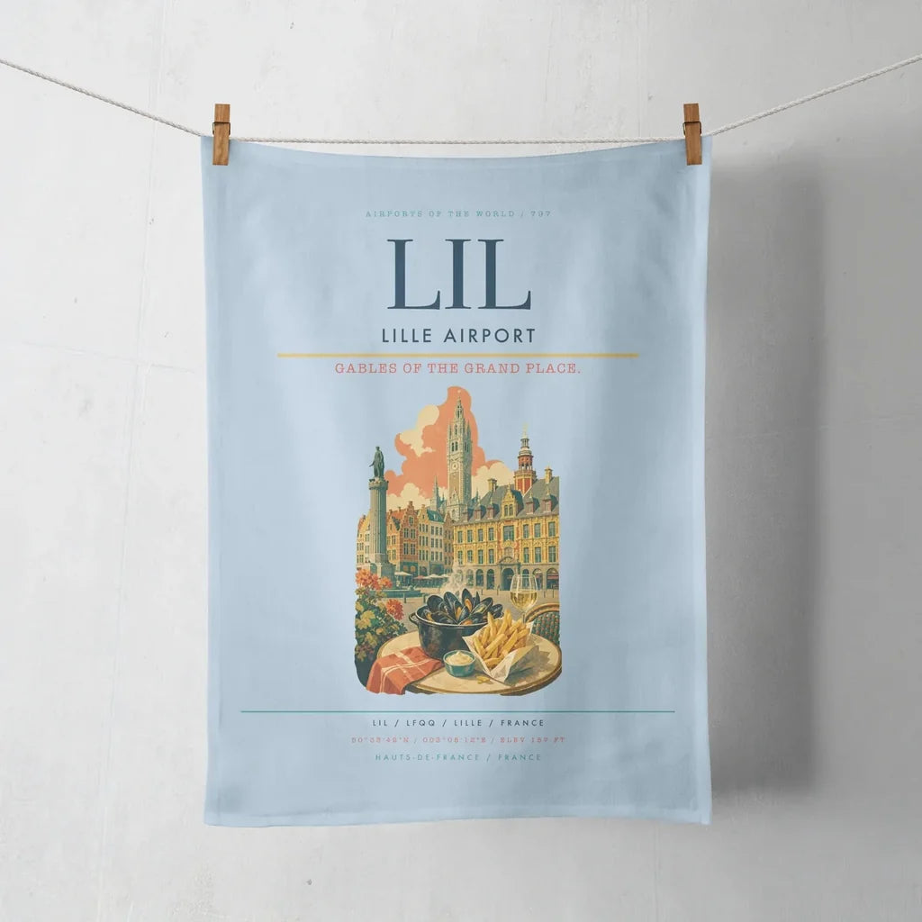 Lille Airport (LIL) design on light blue towel