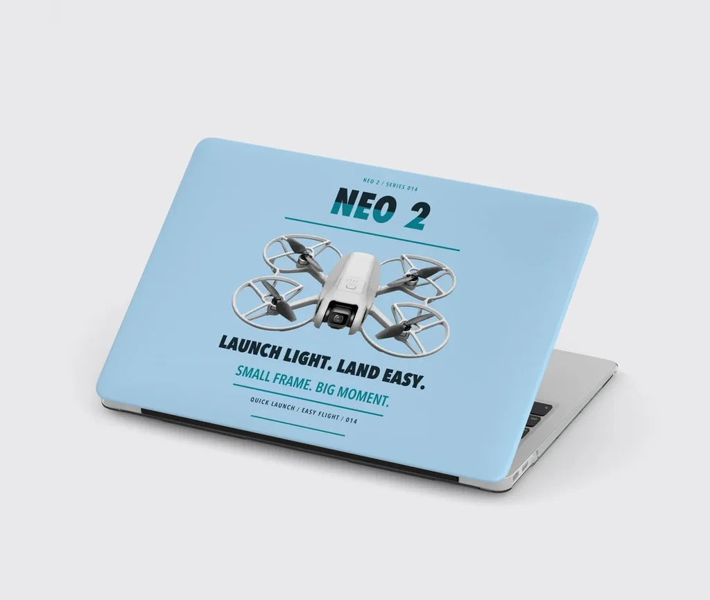 DJI Neo 2 design on light blue MacBook case