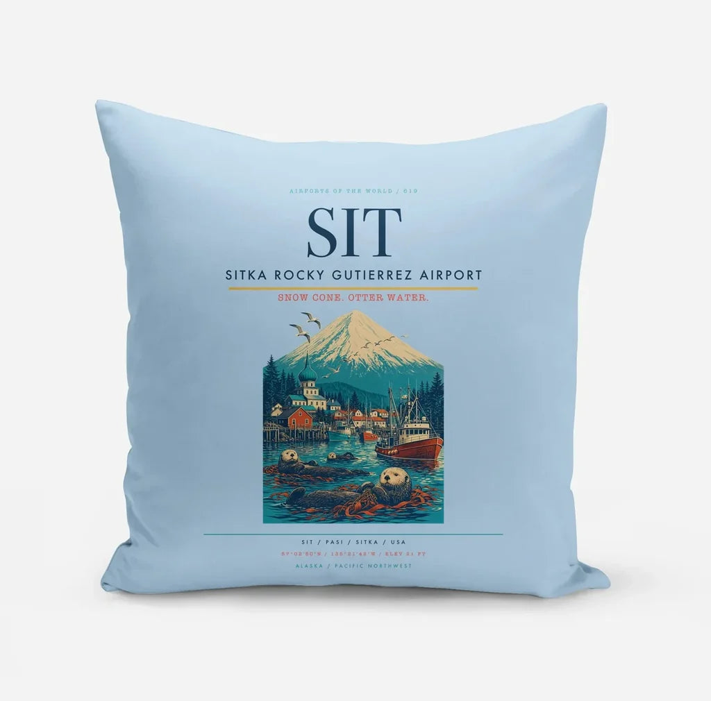 Sitka Rocky Gutierrez Airport (SIT) design on light blue pillow