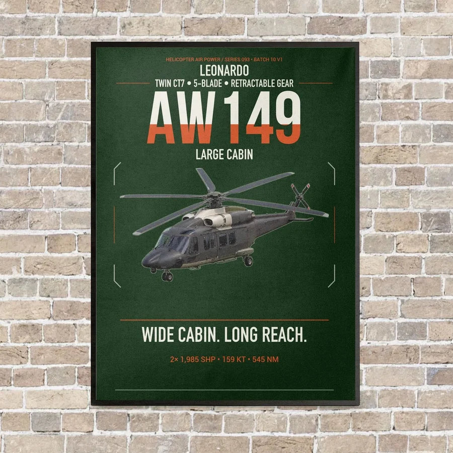 Leonardo AW149 vertical canvas print - framed - dark green background