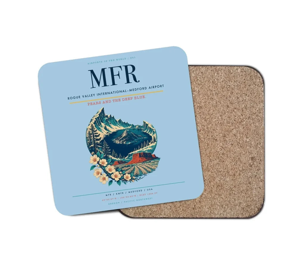 Rogue Valley International–Medford Airport (MFR) design on light blue 1 piece coaster