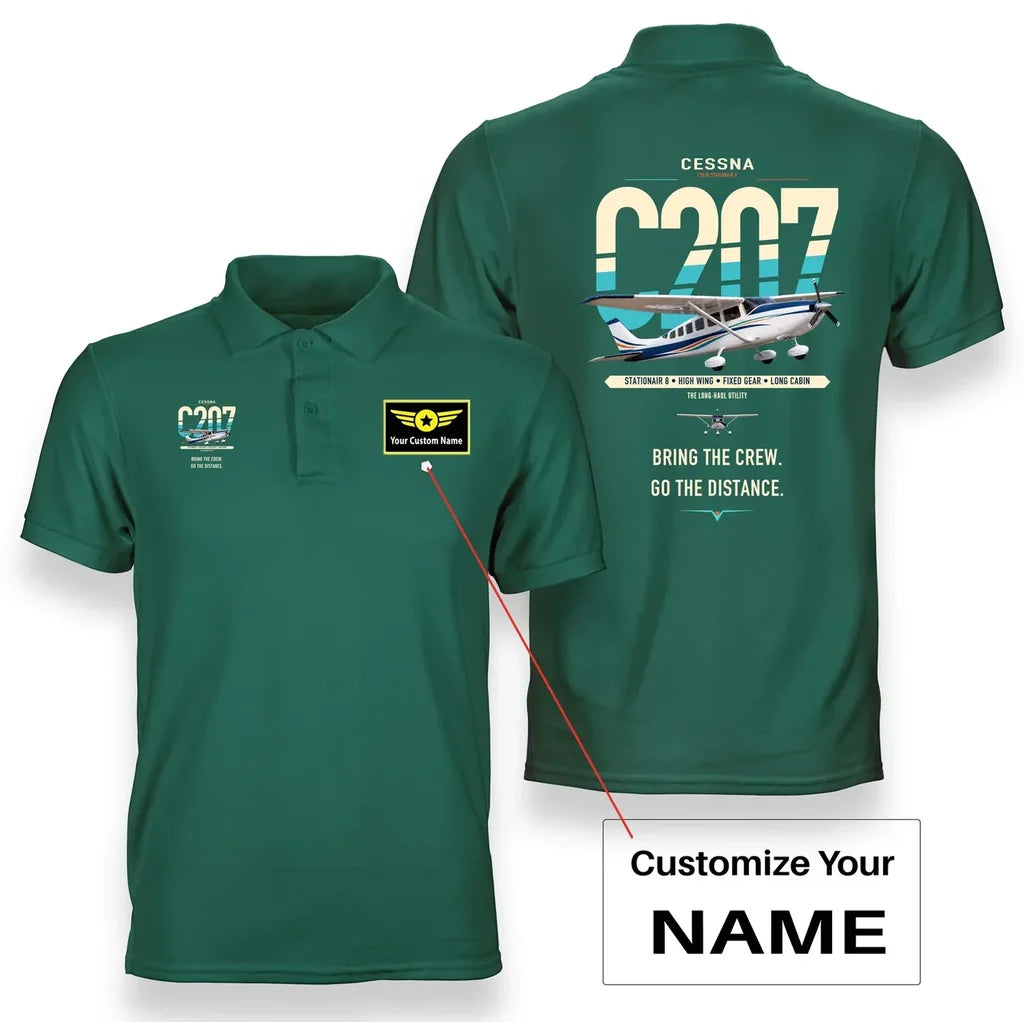 Cessna T207A Stationair 8 design on green+name double-side polo t-shirt, double-side print