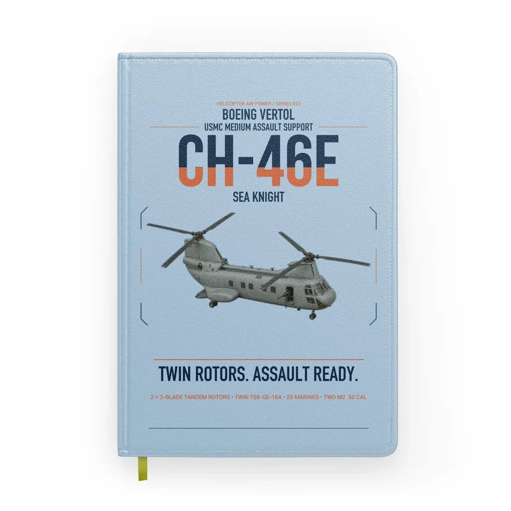 Boeing Vertol CH-46E Sea Knight design on light blue notebook