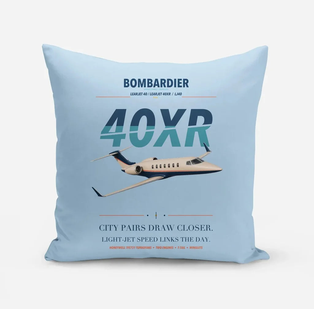 Bombardier Learjet 40XR design on light blue pillow