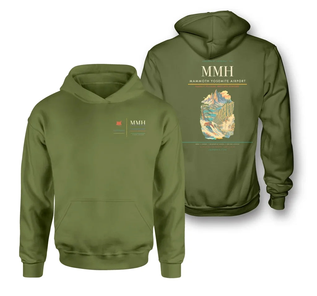 Mammoth Yosemite Airport (MMH) design on green army double-side hoodie