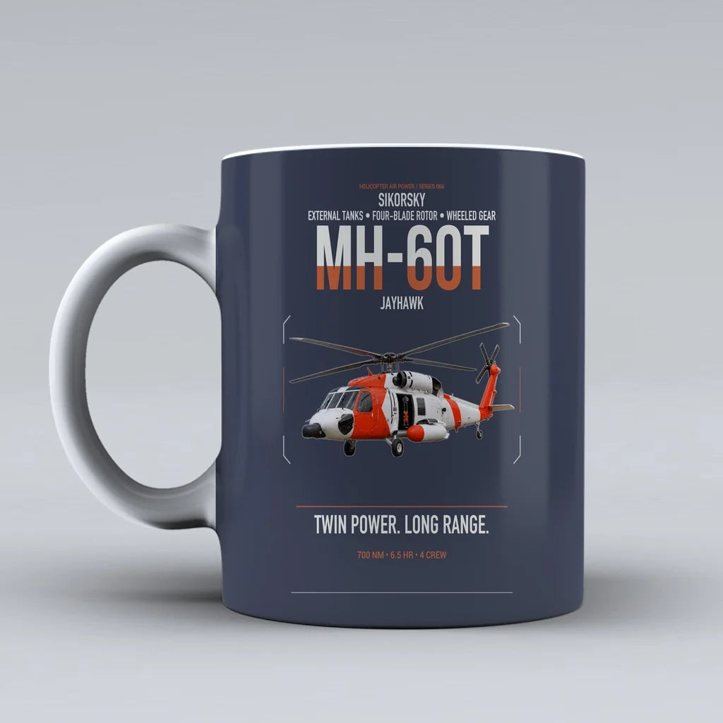Sikorsky MH-60T Jayhawk design on dark blue ceramic mug, double-side print