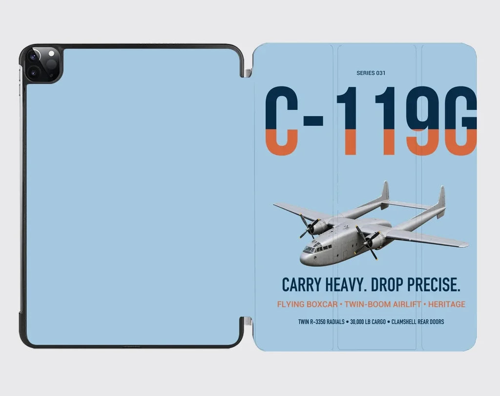 C-119G Flying Boxcar design on light blue ipad tablet case