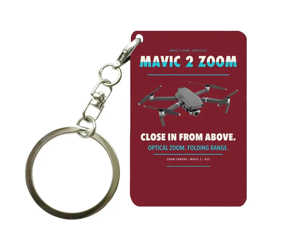 DJI Mavic 2 Zoom Key Chain design on dark red key chain