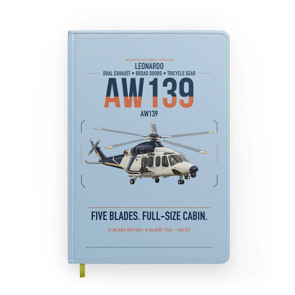 Leonardo AW139 design on light blue notebook