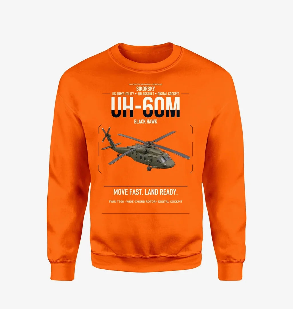Sikorsky UH-60M Black Hawk design on orange sweatshirt