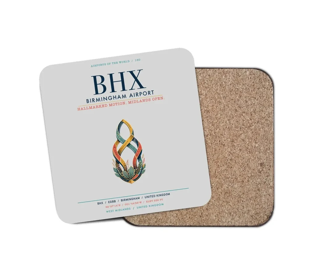 Birmingham Airport (BHX) design on light gray 1 piece coaster