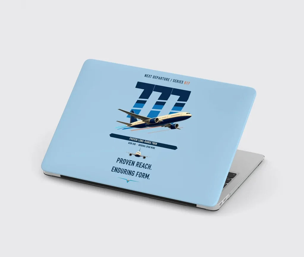 Boeing 777-200ER design on light blue MacBook case
