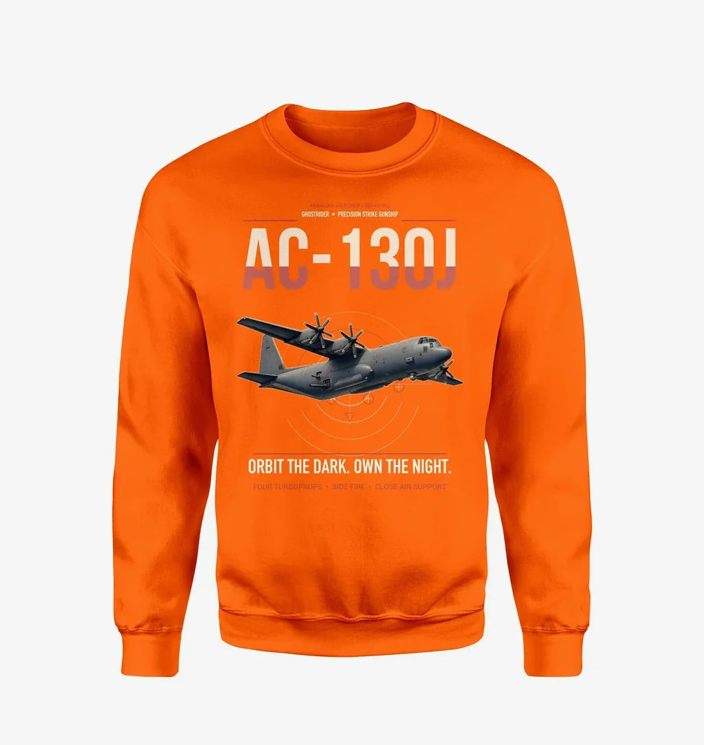 AC-130J Ghostrider design on orange sweatshirt