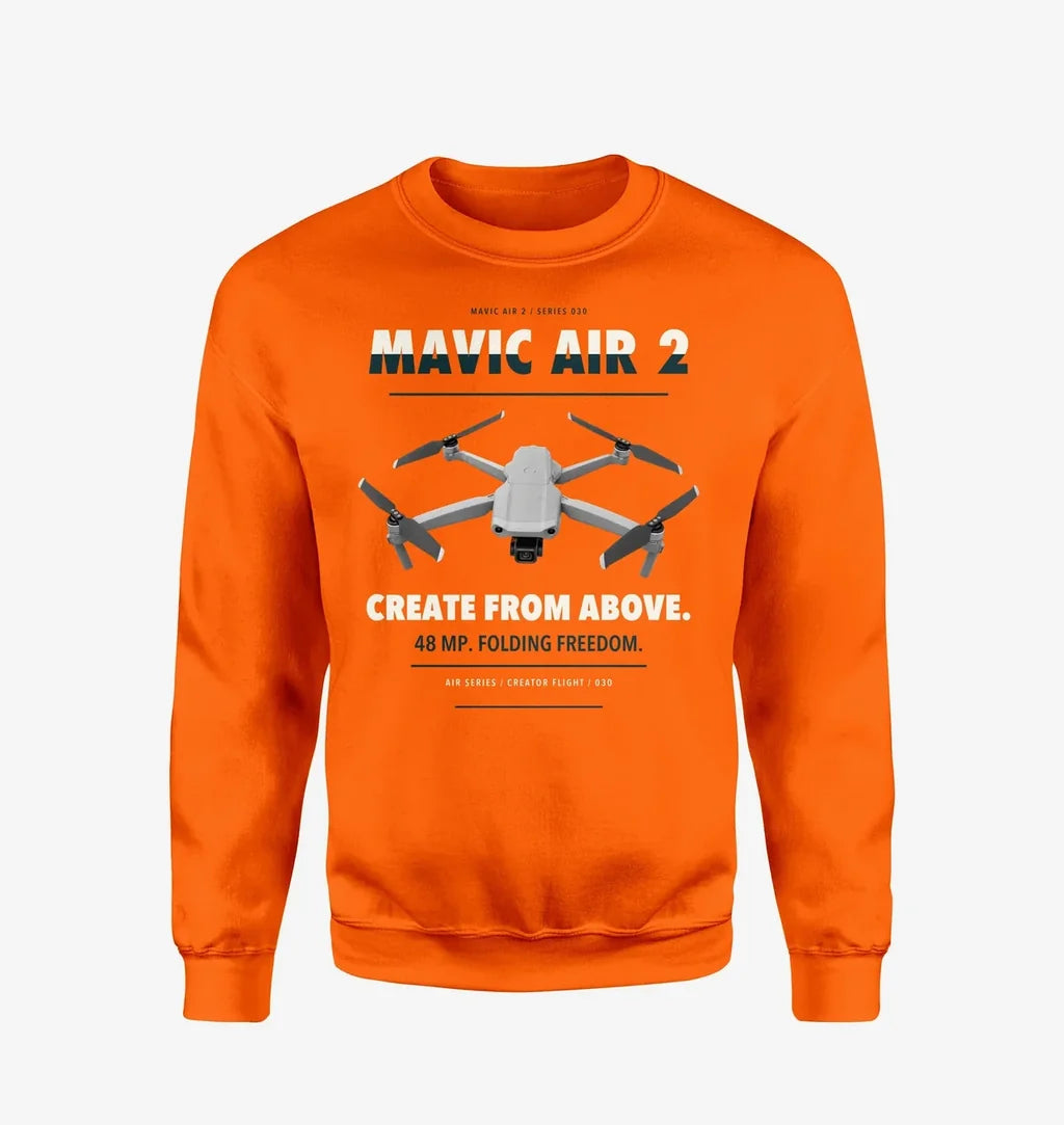 DJI Mavic Air 2 design on orange sweatshirt