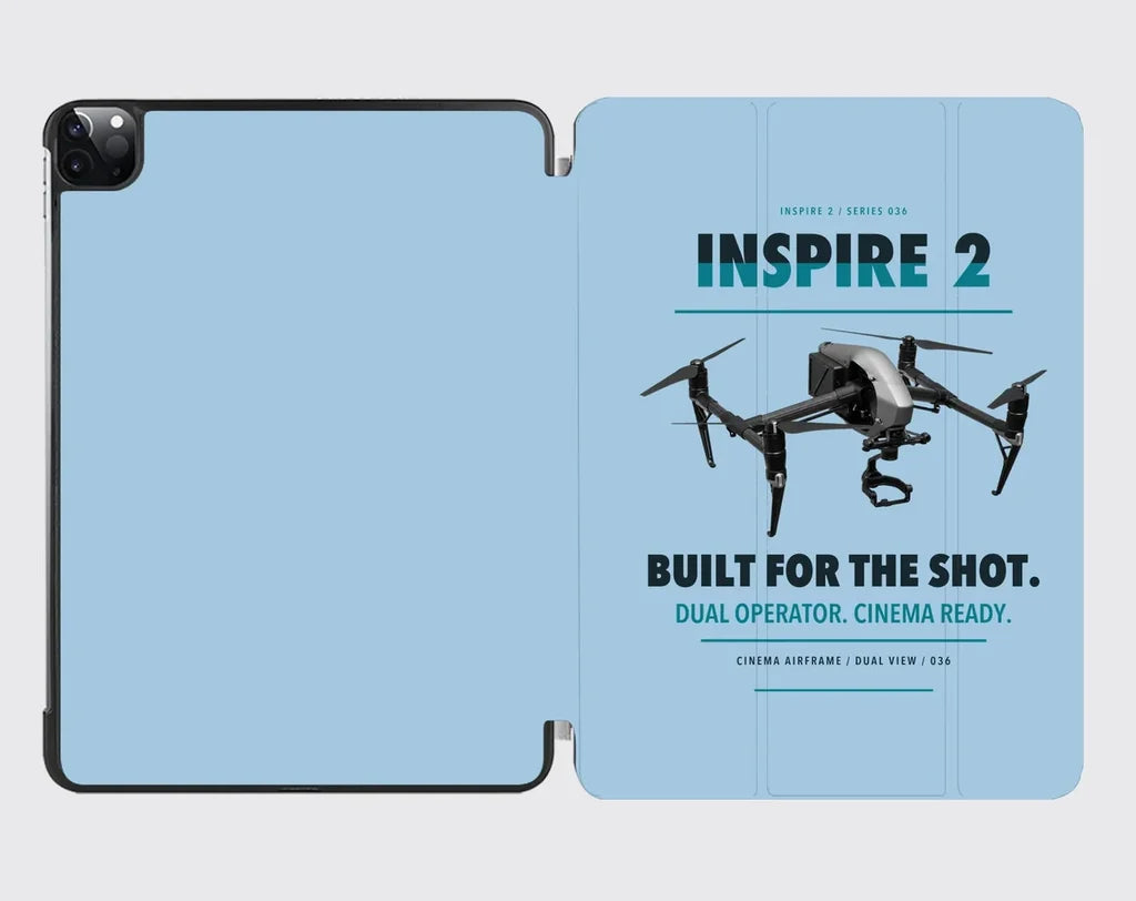 DJI Inspire 2 design on light blue ipad tablet case