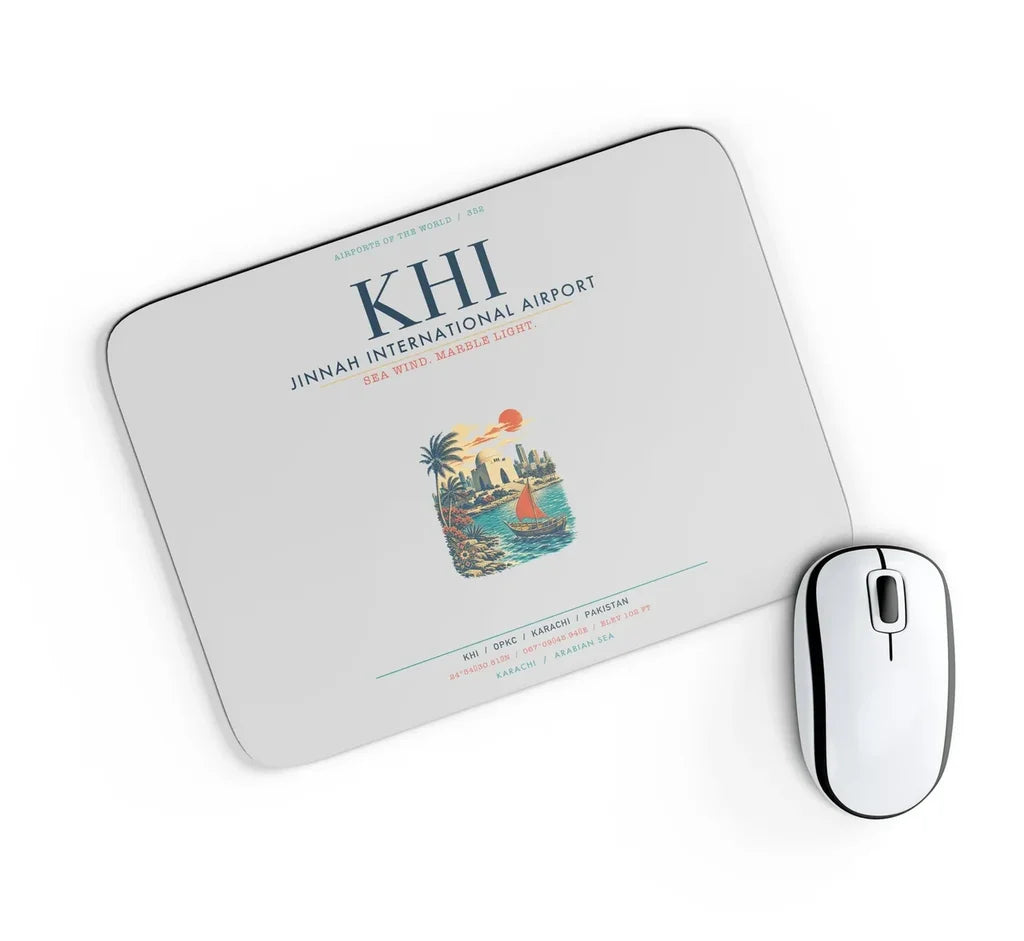 Jinnah International Airport Karachi (KHI) design on light gray rectangle mouse pad