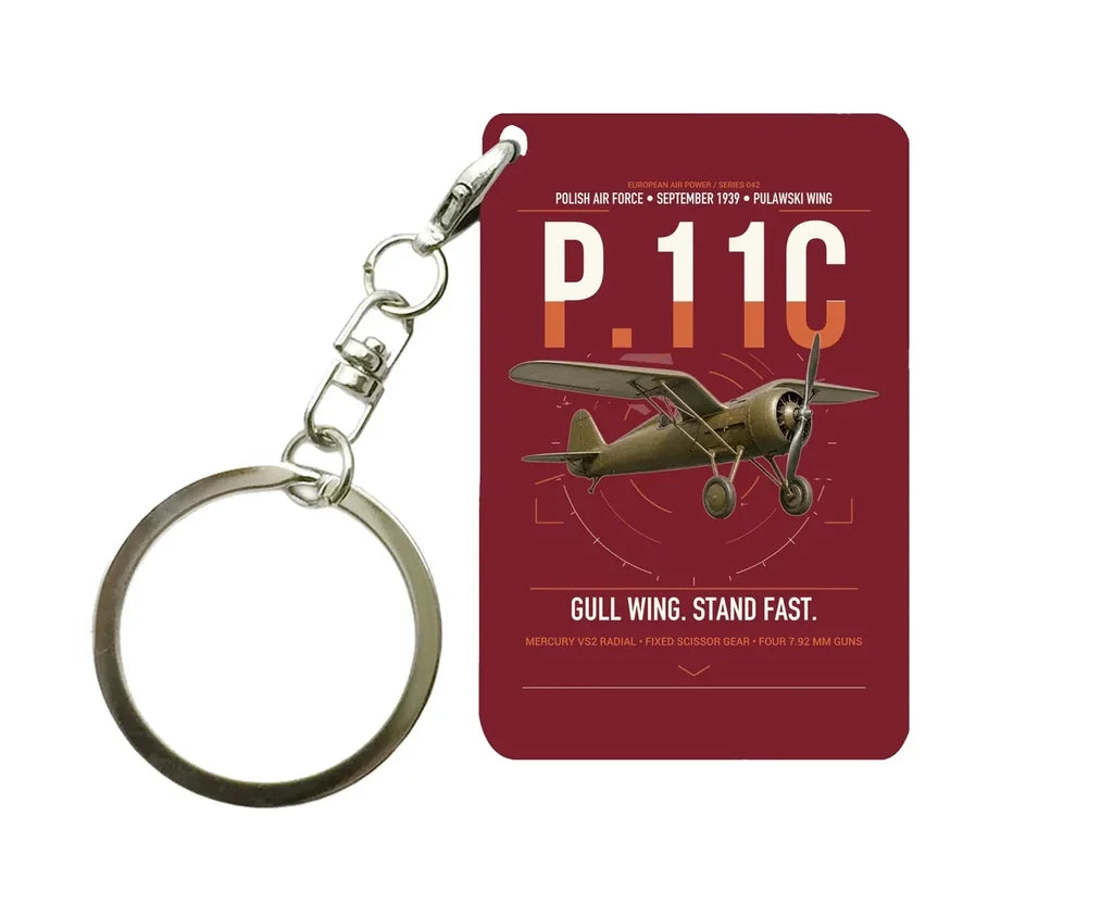 PZL P.11c design on dark red designed key chain, double-side print