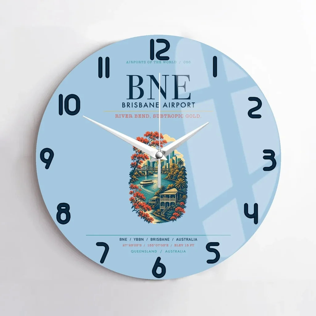 Brisbane Airport (BNE) design on light blue no frame wall clock